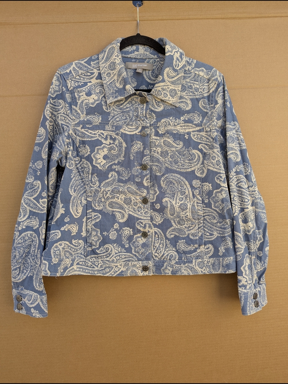 croft & barrow Paisley Boho Jean Jacket Button Up 14 Baby Blue Pockets Vacation